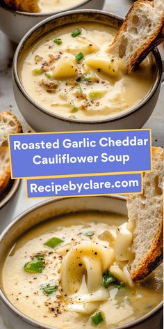 roasted garlic cheddar cauliflower soup in a white bowl with bread on the side