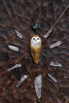 Barn Owl with Rhinestone Necklace, Bird Pendant, Barn Owl Charm, Fantasy Owl Jewelry, Polymer Clay B Fae Magic, Polymer Animals, Fantasy Owl, Barn Owl Necklace, Polymer Creations, Deep In The Woods, Barn Owls, Jewelry Polymer Clay, Earth Gift