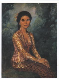 an oil painting of a woman sitting in front of a tree with her hands on her knees