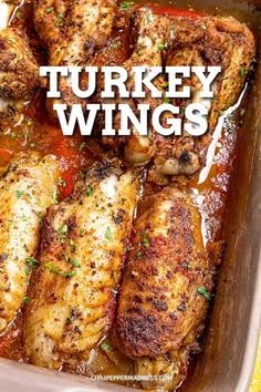 turkey wings in a casserole dish with text overlay