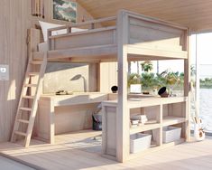 there is a loft bed with stairs to the top and desk below it in front of a sliding glass door