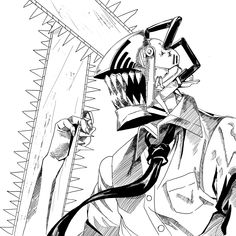 a black and white drawing of a man holding a knife in one hand and wearing a mask on the other