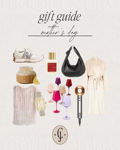 the gift guide for mother's day is displayed with her personal items and accessories