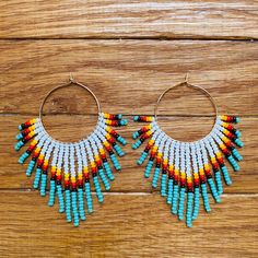 Fringe Hoop Earrings, Seed Bead Jewelry Patterns, Aesthetic Boho, Bead Fringe, Turquoise Hoops, Bracelets Handmade Diy, Beaded Earrings Diy, Inspired Aesthetic, Seed Bead Patterns