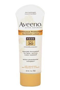 Aveeno Continuous Protection Sunblock Lotion For the Face SPF 30, $8.49. I use this product because it doesn't have that harsh sunscreen feel and it doesn't smell. I would say that this product is best for winter usage because it does have a moisturizer. Best Facial Sunscreen, Face Suncare, Face Spf, Skincare For Oily Skin, Oily Skin Care Routine, Hair Supplies, Beauty Remedies