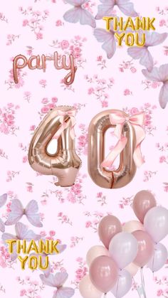 balloons and streamers in the shape of numbers on a pink floral background with butterflies