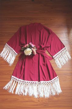 Wine Tassel Kimono Robe(with Fringe lace trims)-Bridal Kimono Robe-Bridesmaid Kimono Robe-bridesmaid Long Red Kimono For Wedding, Red Long Sleeve Wedding Robe, Red Bohemian Robe With Kimono Sleeves, Summer Wedding Robe With Lace Trim, Luxury Red Bohemian Kimono, Festive Red Embroidered Kimono, Bridal Kimono Robe, Bridesmaid Gifts Beach Wedding, White Bridal Robe