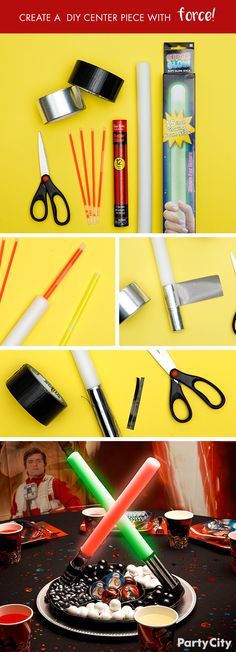 several different pictures of scissors, pens and other items on a yellow background with text that reads create a diy center piece with force