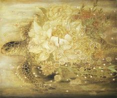 a painting of a turtle and flowers