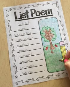 a person holding a pencil in front of a book with writing on it and the words list poem