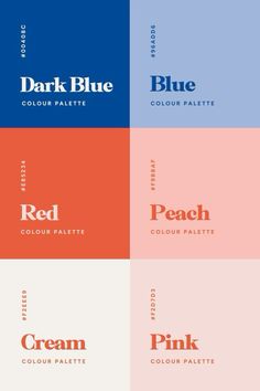 four different color palettes with the words red, blue, and peach