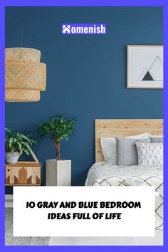 a bedroom with blue walls and white bedding is featured in an ad for somethingish