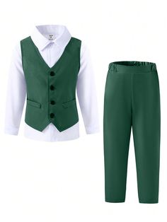 Young Boy Gentleman 2pcs Set Elegant Business Vest Suit + Long Pants, Formal Outfit For Party, Birthday, Wedding, Graduation, Christmas, Halloween Dark Green Elegant   Woven Fabric Plain  Non-Stretch  Young Boys Clothing, size features are:Bust: ,Length: ,Sleeve Length: Emerald Green Quinceanera Theme, Male Costumes, Waistcoat Suit, Business Vest, Prince Coat, Vest Suit, Groomsmen Outfits, Fancy Clothes, Look Formal