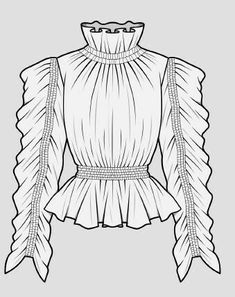 a blouse with ruffles on the shoulders and long sleeves, drawn in black ink