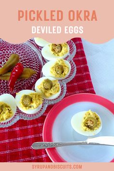 pickled okra deviled eggs on a red and white tablecloth