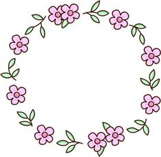 a circular frame with pink flowers and green leaves on the edges is drawn by hand