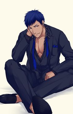 an anime man with blue hair sitting on the ground