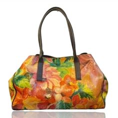 Maurizio Taiuti Floral Genuine Leather Bag Made In Italy Good Condition 16"L10.5"H6.5"W 10.5" Handle Drop Genuine Leather Bags, Orange Pink, Pink Orange, Color Orange, Bag Making, Pink And Orange, Gym Bag, Leather Bag, Duffle Bag