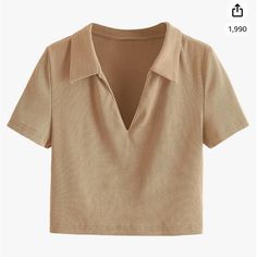 Beige/ Tan Shirt Sleeve Shirt. Slightly Cropped. V-Neck With A Collar. Never Worn - Great Condition! Tan Shirt, Short Sleeve Crop Top, Collars For Women, Short Sleeve Cropped Top, Knit Tees, Solid Tops, Wearing Dress, Collar Shirts, Shirt Sleeves