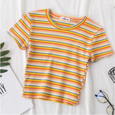 New+T+Shirt+Women+Rainbow+Striped+Tops+Slim+Fit+t+shirt+Harajuku+Tshirt+Summer+Short+Sleeve+Korean+T-shirt+feminina+Clothes+Tops Punk Crop Top, Striped Tops, Rainbow Top, Clothes Tops, Stripe Outfits, Mode Casual, Grey Outfit, Short Sleeve Cardigan, Striped Sleeve