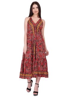 Bohemian Chic Halter Dress in Printed Polyester Paisley and Floral Pattern. The Ties That Tie In The Neck And In The Back Are Elegantly Decorated With Beads And Handmade Pompoms. Fluid Fabric Touched like Silk One size from S to XL Main Color: Red Printing Color: Red and Black 100% Polyester (Wrinkle Free) Machine wash 30o No dryer Do not lay out in the sun Handmade Delivered In A Cloth Pouch And Wrapped In Tissue Paper Ideal For Gifting You Can Match It With This Kimono https://www.etsy.com/fr/listing/1213035812/kimono-boheme-chic-oo-kimono-mi-long?ref=listings_manager_grid Find Our other Items On: www.etsy.com/fr/shop/Ethnicqueen The color of the product shown here may vary very slightly depending on lighting and screens. Bohemian Kalamkari Print Summer Dress, Red Bohemian Dress With Kalamkari Print, Bohemian Red Dress With Kalamkari Print, Fitted Kalamkari Print Summer Dress, Bohemian Halter Neck Dresses With Paisley Print, Red Paisley Print Dress For Vacation, Red Bohemian Maxi Dress With Paisley Print, Red Sleeveless Dresses With Boho Print, Multicolor Kalamkari Print Dress For Spring