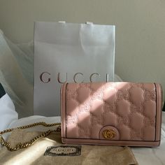 Gucci Crossbody Bag, Light Pink, Worn Twice. Offers Are Welcome Light Pink Gg Matelass Leather Light Pink Leather Trim Gold-Toned Hardware Double G Can Be Worn As A Top Handle And Shoulder Bag Inside: 6 Card Slots, 1 Flat Pocket, 1 Zip Pocket With Gusset, 1 Open Compartment Mirror Detachable Chain Strap With 23.6" Drop Snap-Button Closure 7.9"W X 4.9"H X 1.6"D Made In Italy Gucci Crossbody Bag, Gucci Crossbody, Bag Inside, Chain Wallet, Bag Light, Wallet Chain, 6 D, Pink Leather, Leather Trim