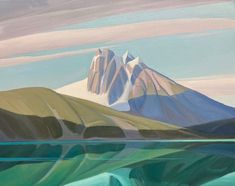 an oil painting of mountains and water