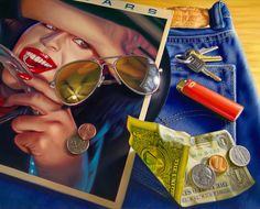 a painting of a woman with sunglasses, money and other items on the table next to it