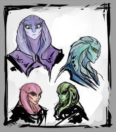 four different colored avatars are shown in this cartoon style drawing, each with an alien head