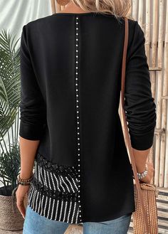 Black Patchwork Button-up Top, Crew Neck Patchwork Tops For Work, Patchwork Crew Neck Top For Office, Patchwork Crew Neck Top For Work, Black Buttoned Blouse For Layering, Black Blouse With Buttons For Layering, Shirt Sale, Black Long Sleeve, Long Sleeve T Shirt