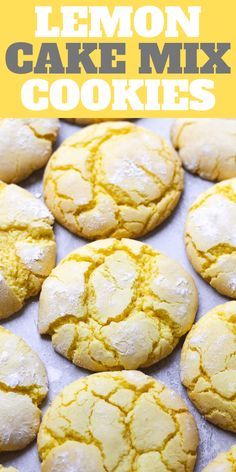 lemon cake mix cookies on a baking sheet with text overlay that reads, lemon cake mix cookies