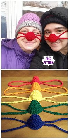 two people wearing knitted hats with red noses and nose rings on their faces, one in the shape of a dragon