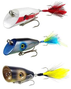 three different types of fishing lures on a white background