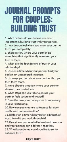 Explore these insightful journal prompts designed for couples to enhance trust and connection in your relationship. Building trust is essential for a strong partnership, and these prompts will help you deepen your bond through meaningful conversations. Take some time together to reflect on these prompts and grow closer as a couple. Strengthen trust, communication, and understanding with the power of intentional journaling. Start your journey towards a more trusting and fulfilling relationship to Journaling For Couples, Journal Prompts For Relationship Problems, Couple Journal Prompts, How To Build Trust, Trust Building Activities For Couples, How To Rebuild Trust In A Relationship, Relationship Building Activities Couples, Prompts For Relationship, Journaling Relationship