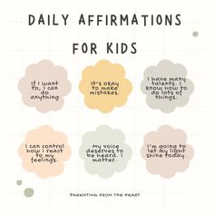 the words daily affirmations for kids are shown in different colors and shapes