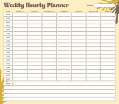 a printable weekly planner with palm trees and leaves on the side, in yellow