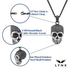 Add a macabre touch to your look with this LYNX stainless steel skull pendant.Click on this JEWELRY & WATCHES GUIDE to learn about fit, styles, materials and more! Pendant size: 1.42"L x 0.63"W Chain length: 24 in. Chain type: curb Metal: stainless steel Plating: ion plated Finish: polished Packaging: boxedSTONE DETAILS Stone type: cubic zirconia Stone size: 4 mm Shape: round Setting: bezel Gemstones may have been treated to enhance their appearance. Special care may be required. Please visit ou Silver Stainless Steel Jewelry With Skull Print, Halloween Stainless Steel Jewelry With Skull Print, Halloween Skull Print Stainless Steel Jewelry, Halloween Stainless Steel Skull Print Jewelry, Skull Print Metal Jewelry For Streetwear, Black Skull Jewelry With Adjustable Chain, Black Skull Print Jewelry For Streetwear, Black Skull-shaped Stainless Steel Necklace, Black Skull Stainless Steel Jewelry