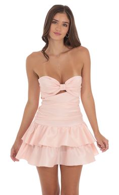 Strapless Cutout Ruffle Dress in Pink | LUCY IN THE SKY Pink Hoco Dress, Upf Clothing, Camilla Dress, Taffeta Fabric, Banquet Dresses, Casual Day Dresses, Sorority Outfits, Ruched Bodycon Dress, Straight Dress