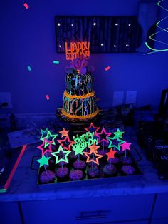 This 2 tiered cake was for a "Glowing up" birthday party. Neon Birthday Cakes, Neon Pool Parties, Glow Cake, Neon Cakes, Glow In Dark Party, Neon Birthday Party, Sweet Sixteen Birthday Party Ideas, 17th Birthday Ideas, Glow Birthday Party