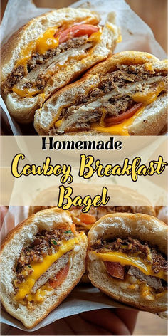 homemade cowboy breakfast bagel sandwiches with cheese and meat