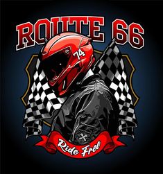 a motorcycle helmet and checkered flag with the words route 66 on it