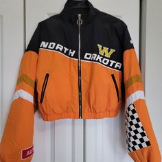 Race Checker Bomber Jacket Never Worn Tags Still On Size Medium Trendy Orange Outerwear With Pockets, Trendy Orange Outerwear For Work, Urban Orange Outerwear For Fall, Fitted Casual Orange Outerwear, Casual Fitted Orange Outerwear, Trendy Orange Long Sleeve Outerwear, Orange Patchwork Outerwear For Spring, Trendy Fitted Orange Outerwear, Trendy Orange Outerwear