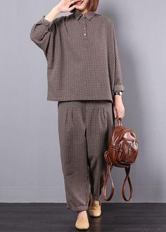 Khaki Plaid Vintage Cotton Linen Two Pieces Long Sleeve Shirt with Women Casual Pants Shirt Dress Fall, Long Fall Dresses, Women Casual Pants, Peter Pan Collar Dress, Cotton Long Dress, Cotton Shirt Dress, Cuffed Pants, Women Pants Casual, Cotton Blouses