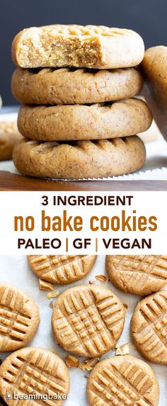 three ingredient no bake cookies are stacked on top of each other with text overlay