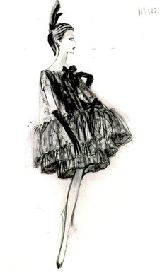 a black and white drawing of a woman wearing a dress with ruffles on it