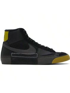 Nike 
Black Blazer Mid Pro Club Sneakers 
Mid-top paneled grained leather, rubber, and ripstop sneakers in black. 
. Suede trim throughout 
. Lace-up closure 
. Logo patch at padded tongue 
. Padded collar 
. Logo printed at heel tab 
. Swoosh appliqué at sides 
. Textured rubber patch at outer side 
. Terrycloth lining 
. Textured rubber midsole 
. Treaded rubber sole 
Please note that this item may be shipped only within North America. 
Supplier color: Black/Bronzine/Blue tint/Medium ash 
Uppe Casual Athletic Shoes, Pro Club, Rubber Patch, Outfits Hombre, Blazer Mid, Casual Athletic, Mid Top, Outdoor Shoes, Black Blazer