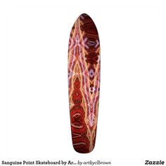 a surfboard with an intricate design on the front and back end, in red