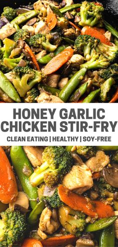 chicken stir fry with broccoli, carrots and other vegetables in a skillet