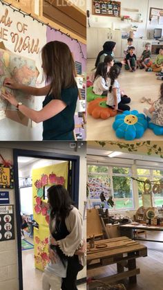 several pictures of children and adults working on crafts in a school setting, with the words back of the world written above them