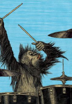 a drawing of a monkey playing drums